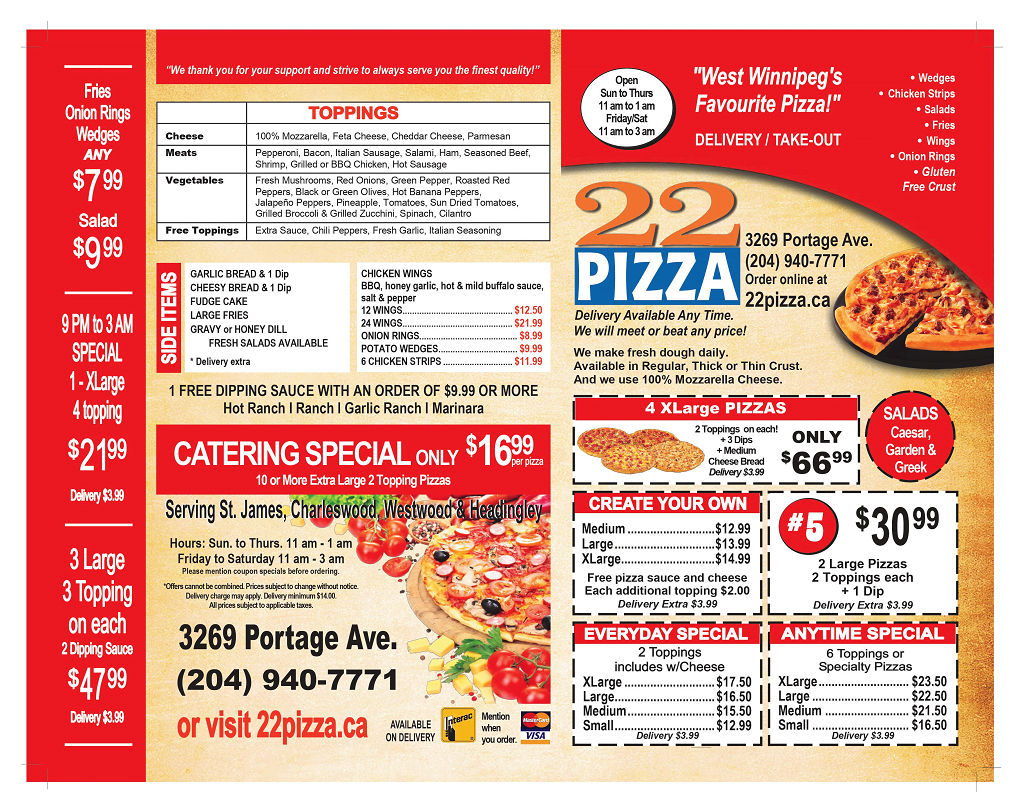 222 Pizza 22 Menu flyer. brochure, 3269 Portage Avenue Winnipeg, Manitoba, Canada